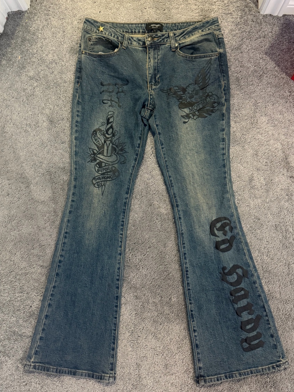 Ed Hardy Blue Denim Flare Jeans with Black Graphic Prints